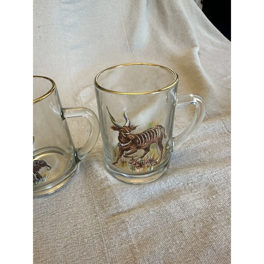 Beer Cocktail Mug Stein Glass Antelope, 2 Elephant and Lion, w/babies set of 4